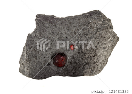 Macro mineral stone Garnet in rock on a white background Macro mineral stone Garnet in rock on a white background 121481383