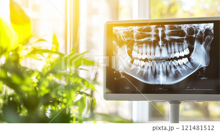 モニターに表示された歯のパノラマX線画像 モニターに表示された歯のパノラマX線画像 121481512