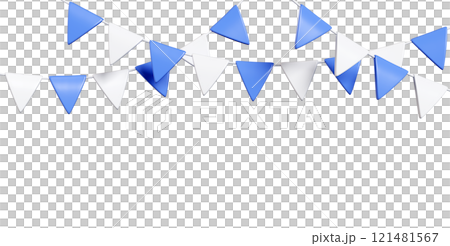 Party flag bunting border with triangular blue and white pennants. Festive decoration 3d render banner element for celebration events, holiday designs or birthday layout backgrounds. Party flag bunting border with triangular blue and white pennants. Festive decoration 3d render banner element for celebration events, holiday designs or birthday layout backgrounds. 121481567