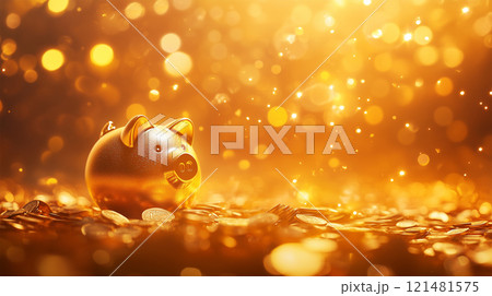 金色の豚の貯金箱と飛び散る金貨 121481575