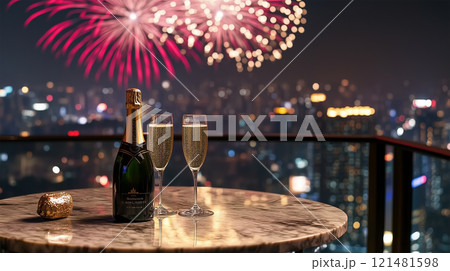 花火とシャンパンで祝う夜のひととき 121481598