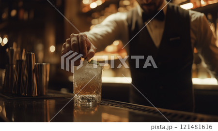 カクテルにガーニッシュを施す日本人バーテン. カクテルにガーニッシュを施す日本人バーテン. 121481616