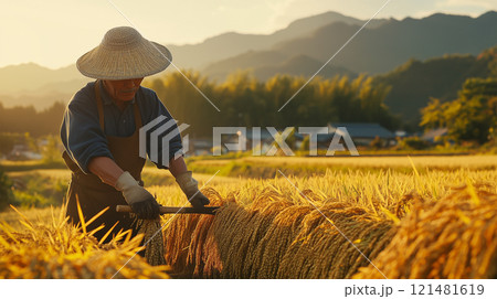 朝の田んぼで稲刈りをする日本の農家 朝の田んぼで稲刈りをする日本の農家 121481619