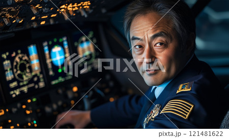 夜間飛行中のコックピットで操縦する日本人パ. 夜間飛行中のコックピットで操縦する日本人パ. 121481622