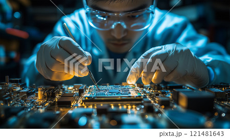 精密な半導体部品を検査する日本人技術者 121481643