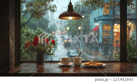 雨の日のカフェの窓際のテーブル 雨の日のカフェの窓際のテーブル 121481647