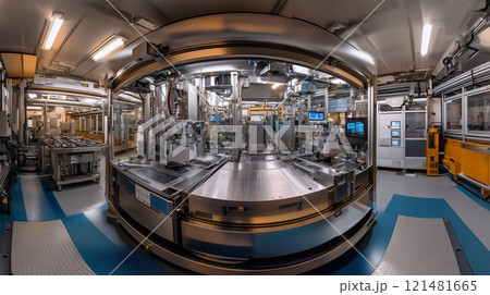 広角で捉えた半導体工場の製造ラインと多数の. 121481665