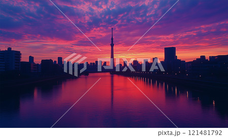 夕暮れのスカイツリーと川沿いの静寂 121481792