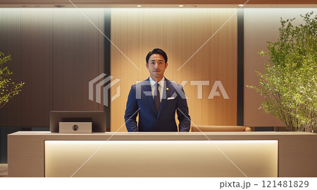 モダンなオフィスで受付を務めるブルースーツ. 121481829