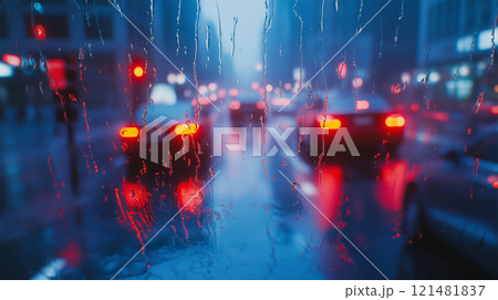 雨に濡れた窓越しの都市風景 雨に濡れた窓越しの都市風景 121481837