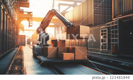 貨物埠頭でロボットが行う物流自動化の瞬間 貨物埠頭でロボットが行う物流自動化の瞬間 121481849