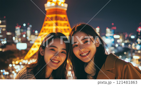 夜の東京タワーを背景にした日本人女性の笑顔. 夜の東京タワーを背景にした日本人女性の笑顔. 121481863