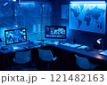 Desks with computer monitors in office 121482163