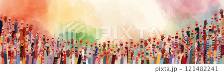 Group of people with raised hands holding a red heart on a watercolor background 121482241