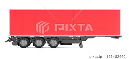 Red isothermal semi-trailer. Side view, 3D rendering 121482462