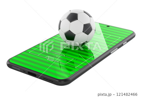 Smartphone with football field and soccer ball. Online sport bets, watching soccer or soccer video game, concept. 3D rendering 121482466