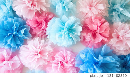 Colorful tissue paper flowers pattern in pink and blue hues. 121482830