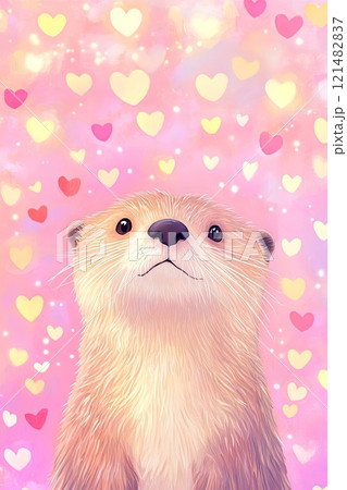Cute otter with heart background on pink canvas. 121482837