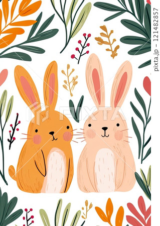 Cute cartoon rabbits with colorful leaves and floral elements. 121482857