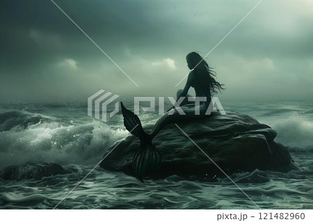 A mermaid sitting on a rock by the ocean. Generative AI. A mermaid sitting on a rock by the ocean. Generative AI. 121482960