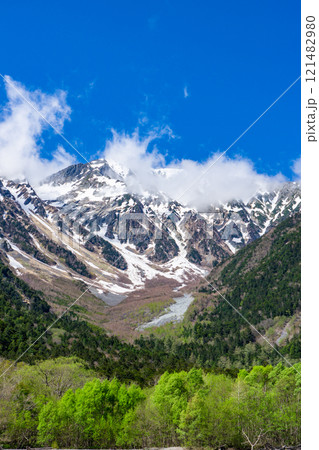 初夏の上高地自然遊歩道　早朝の森林浴ウォーキング　小梨平から見上げる奥穂高岳 121482980