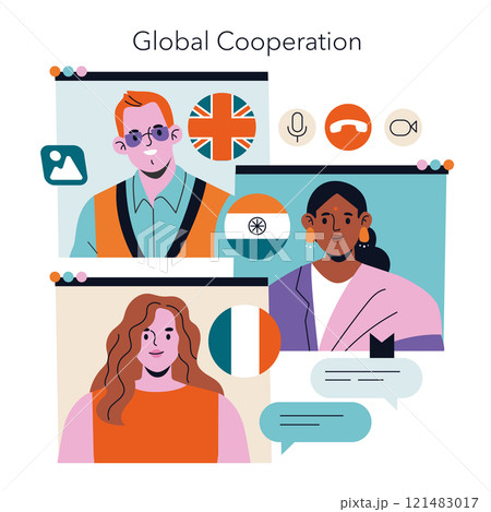 Global Cooperation concept. Diverse team connecting virtually for international collaboration. Cultural exchange and teamwork across borders. Vector illustration. Global Cooperation concept. Diverse team connecting virtually for international collaboration. Cultural exchange and teamwork across borders. Vector illustration. 121483017