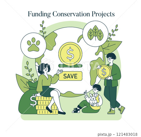 Ecosystem Conservation concept. Illustration of financial support for green initiatives and wildlife preservation. Saving funds for environmental projects. Vector illustration. Ecosystem Conservation concept. Illustration of financial support for green initiatives and wildlife preservation. Saving funds for environmental projects. Vector illustration. 121483018