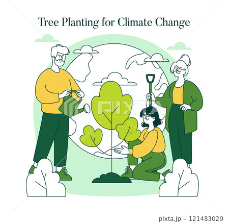 Green Lifestyle concept. Individuals planting trees to combat climate change, nurturing nature and promoting environmental awareness. Vector illustration. 121483029