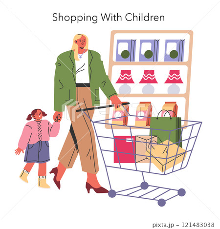 Working Mom Life concept. A mother shopping with her child, filling a cart with groceries. Nurturing family bond during daily errands. Vector illustration. Working Mom Life concept. A mother shopping with her child, filling a cart with groceries. Nurturing family bond during daily errands. Vector illustration. 121483038