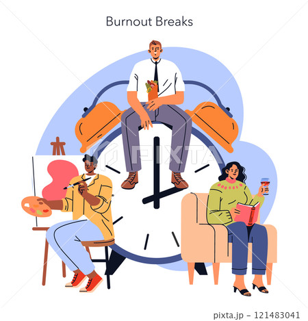 Burnout Breaks concept. Professionals relaxing with hobbies such as painting and reading on a clock backdrop. Work-life balance and self-care importance. Vector illustration. 121483041