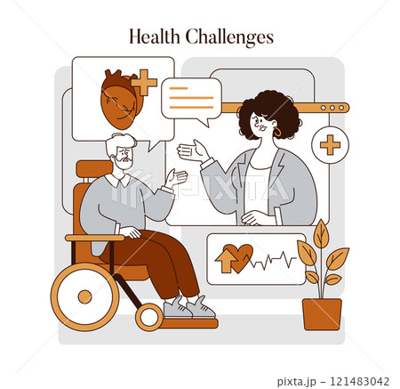 Senior healthcare concept. An elderly man in a wheelchair discussing health issues with a professional. Vector illustration addressing aging medical concerns. 121483042
