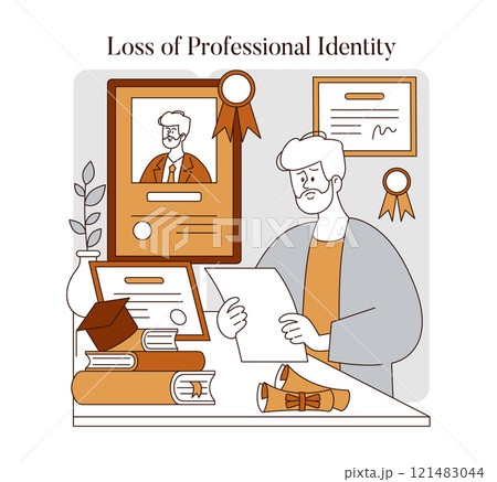 Retirement concept. An older adult reflects on past professional achievements with a sense of loss. Career transition into retirement. Vector illustration. 121483044