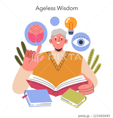 Perennial People concept. Elderly man surrounded by symbols of knowledge, intellect and insight. Lifelong learning and wisdom illustration. Vector illustration. 121483045
