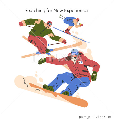 Winter sports adventure concept. Enthusiastic skiers glide down snowy slopes, embodying the thrill of new experiences. Dynamic posture, bright attire. Vector illustration. Winter sports adventure concept. Enthusiastic skiers glide down snowy slopes, embodying the thrill of new experiences. Dynamic posture, bright attire. Vector illustration. 121483046