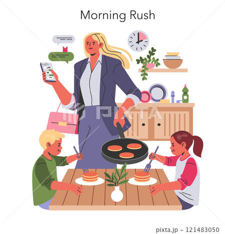 Working Mom Life concept. A multitasking mother prepares breakfast with her kids while managing work tasks on her smartphone. Vector illustration. 121483050