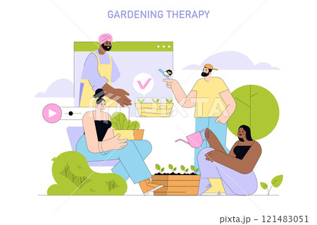 Gardening Therapy concept. Diverse people enjoying plant care as a form of relaxation and happiness. Connection with nature, mental well-being through horticulture. Vector illustration. 121483051