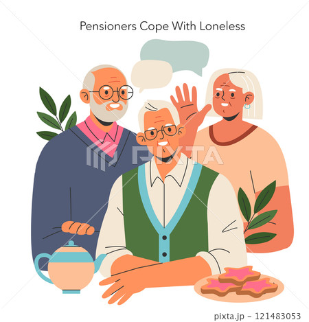 Elderly companionship concept. Senior friends socializing to combat loneliness, creating joyful moments together. Tea time bonding and support. Vector illustration. 121483053