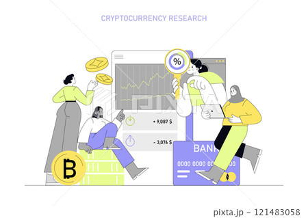 Women in technology concept. Analyzing cryptocurrency trends and market data. Collaboration in digital finance research. Vector illustration. Women in technology concept. Analyzing cryptocurrency trends and market data. Collaboration in digital finance research. Vector illustration. 121483058