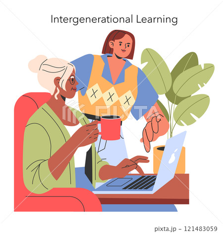 Intergenerational learning concept. Young and elderly women sharing knowledge using a laptop. Bridging generational gap through technology. Vector illustration. Intergenerational learning concept. Young and elderly women sharing knowledge using a laptop. Bridging generational gap through technology. Vector illustration. 121483059