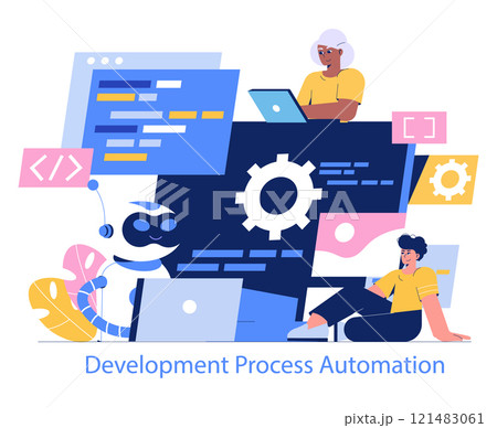 Development Process Automation concept. Coders and bot collaborate on project efficiency. Streamlining workflows with technology. Vector illustration. Development Process Automation concept. Coders and bot collaborate on project efficiency. Streamlining workflows with technology. Vector illustration. 121483061