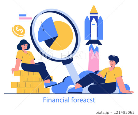 Financial Forecasting concept. Analysts observe market trends through a magnifying glass, predicting economic growth. Investment analysis, strategic planning. Vector illustration. 121483063