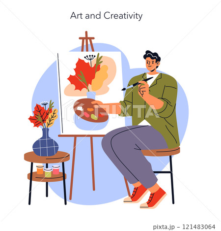 Art and Creativity concept. Illustrator capturing the essence of autumn on canvas. Creative process, inspiration from nature. Vector illustration. 121483064