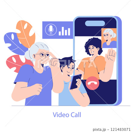 Intergenerational tech assistance concept. A young boy helps his grandmother with a video call, connecting with family online. Digital communication across ages. Vector illustration. 121483071