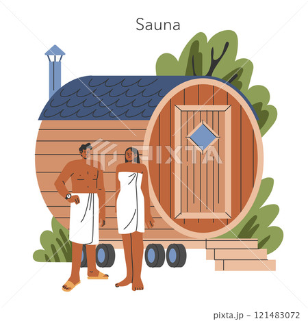 Wellness concept. A couple enjoying a serene moment outside a wooden sauna surrounded by greenery. Vector illustration. Wellness concept. A couple enjoying a serene moment outside a wooden sauna surrounded by greenery. Vector illustration. 121483072