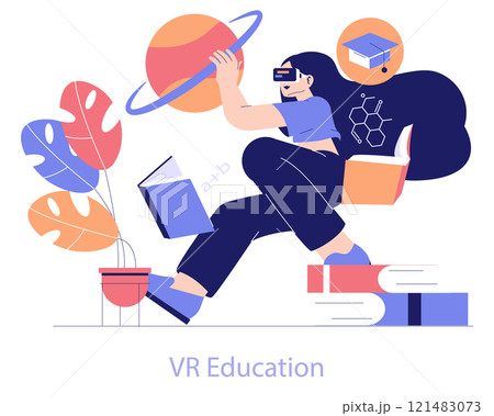 Edtech concept. Student using virtual reality for immersive learning experience with educational icons. Digital interactive education. Vector illustration. Edtech concept. Student using virtual reality for immersive learning experience with educational icons. Digital interactive education. Vector illustration. 121483073