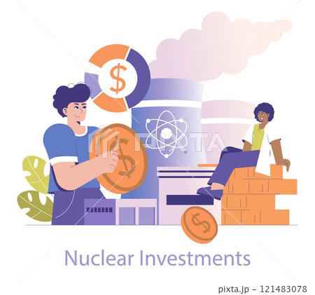 Nuclear power investment concept. Illustration of investors managing funds in atomic energy plants. Economic support for nuclear industry growth. Vector illustration. 121483078