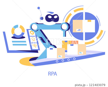 Logistics Automation concept. Robotic process automation in warehouse operations with conveyor and robotic arm. Efficient industry 4.0 technology. Vector illustration. 121483079