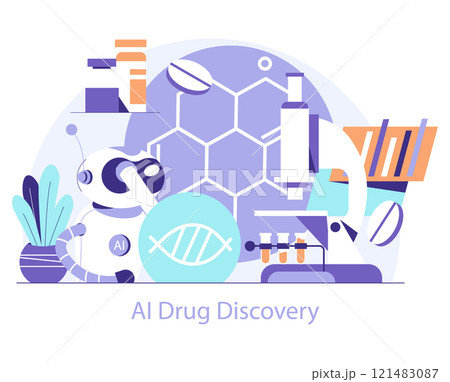 AI Drug Discovery concept. Robotics and advanced technology in pharmaceutical research. Machine learning for medical innovation. Vector illustration. AI Drug Discovery concept. Robotics and advanced technology in pharmaceutical research. Machine learning for medical innovation. Vector illustration. 121483087