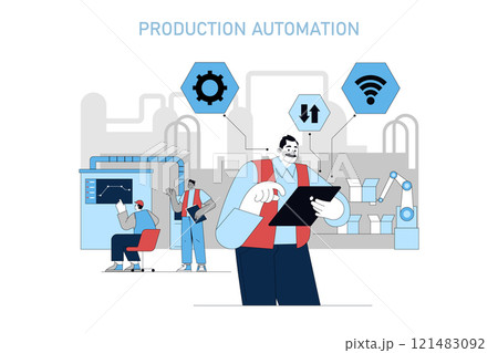 Production Automation concept. Workers and robots streamline tasks in a high-tech factory environment. Digital transformation in manufacturing. Vector illustration. Production Automation concept. Workers and robots streamline tasks in a high-tech factory environment. Digital transformation in manufacturing. Vector illustration. 121483092