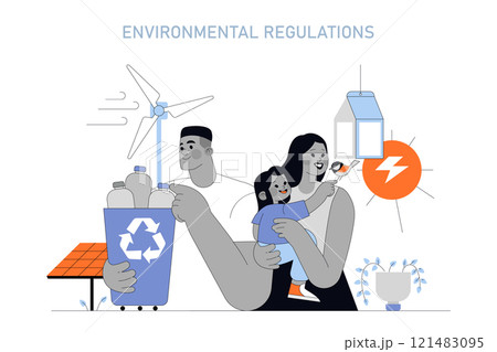 Environmental Regulations concept. Family participating in recycling, renewable energy, and conservation efforts. Sustainable living practices in modern society. Vector illustration. 121483095